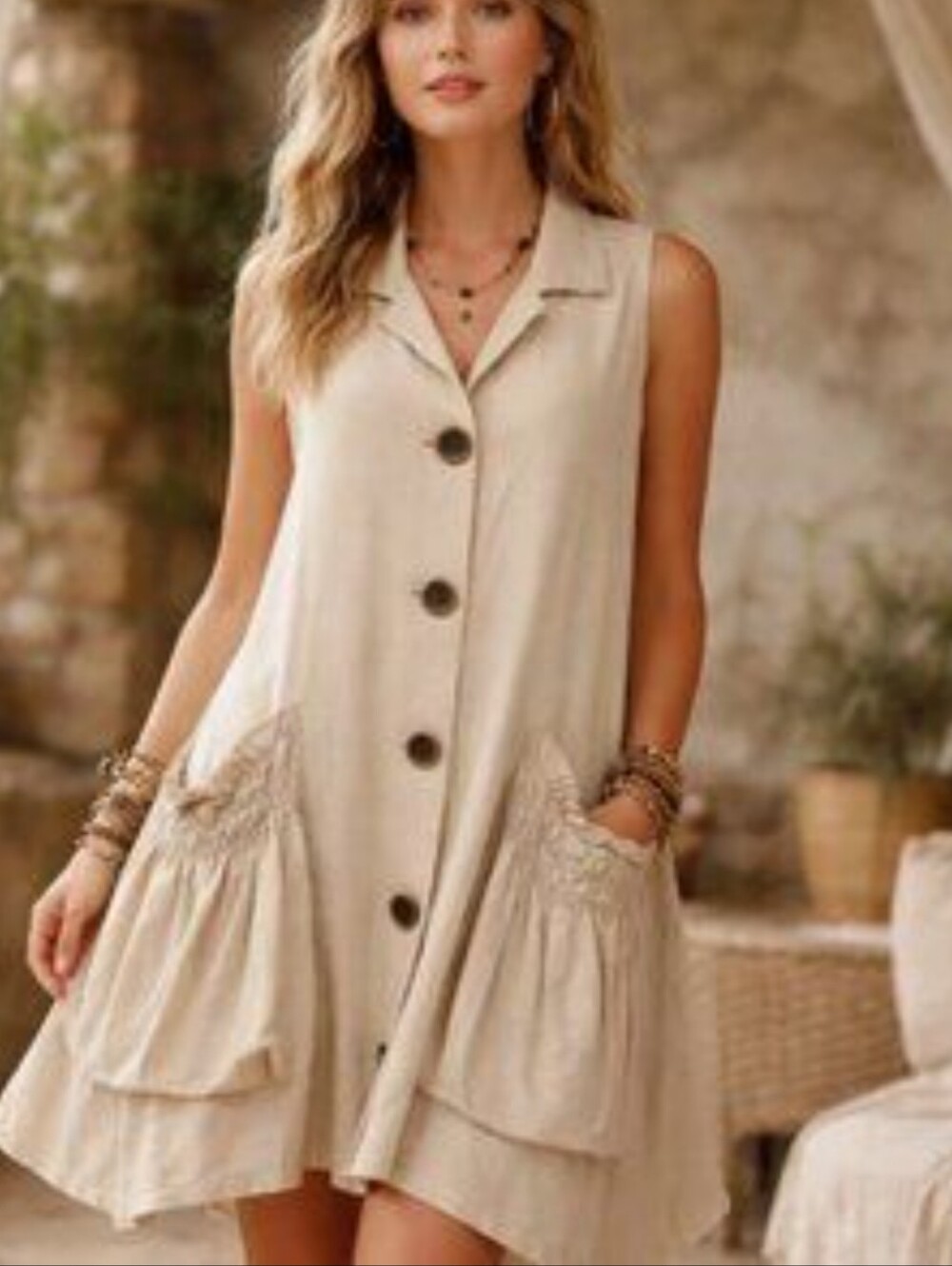For Cynthia Sleeveless Button Front Mini Dress in Light Beige